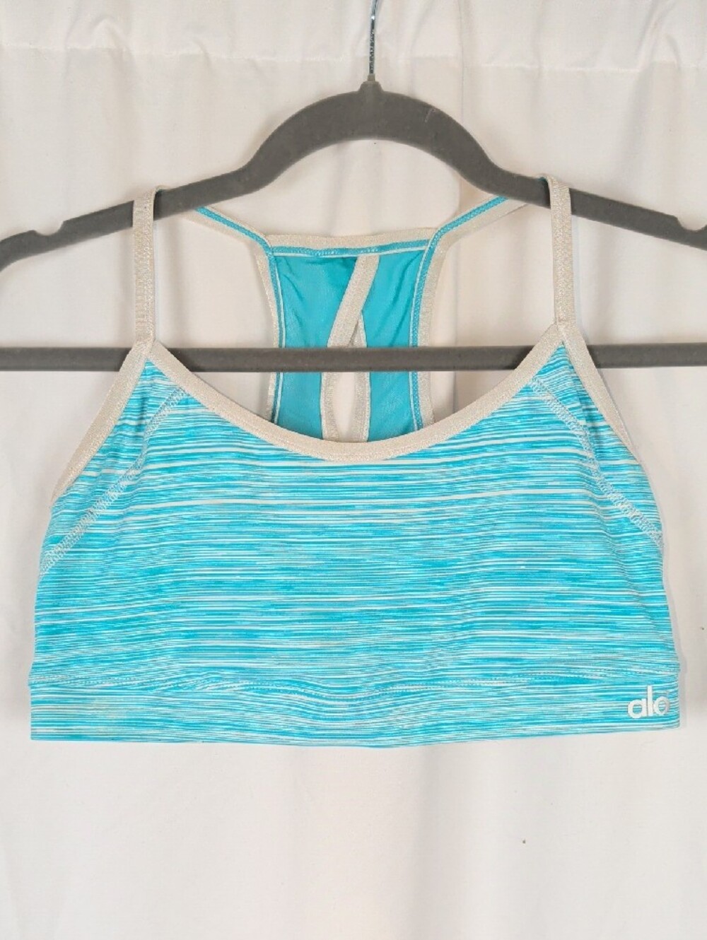 ALO YOGA Turquoise Teal Space Dye Mesh Racerback Sports Bra | Size Medium